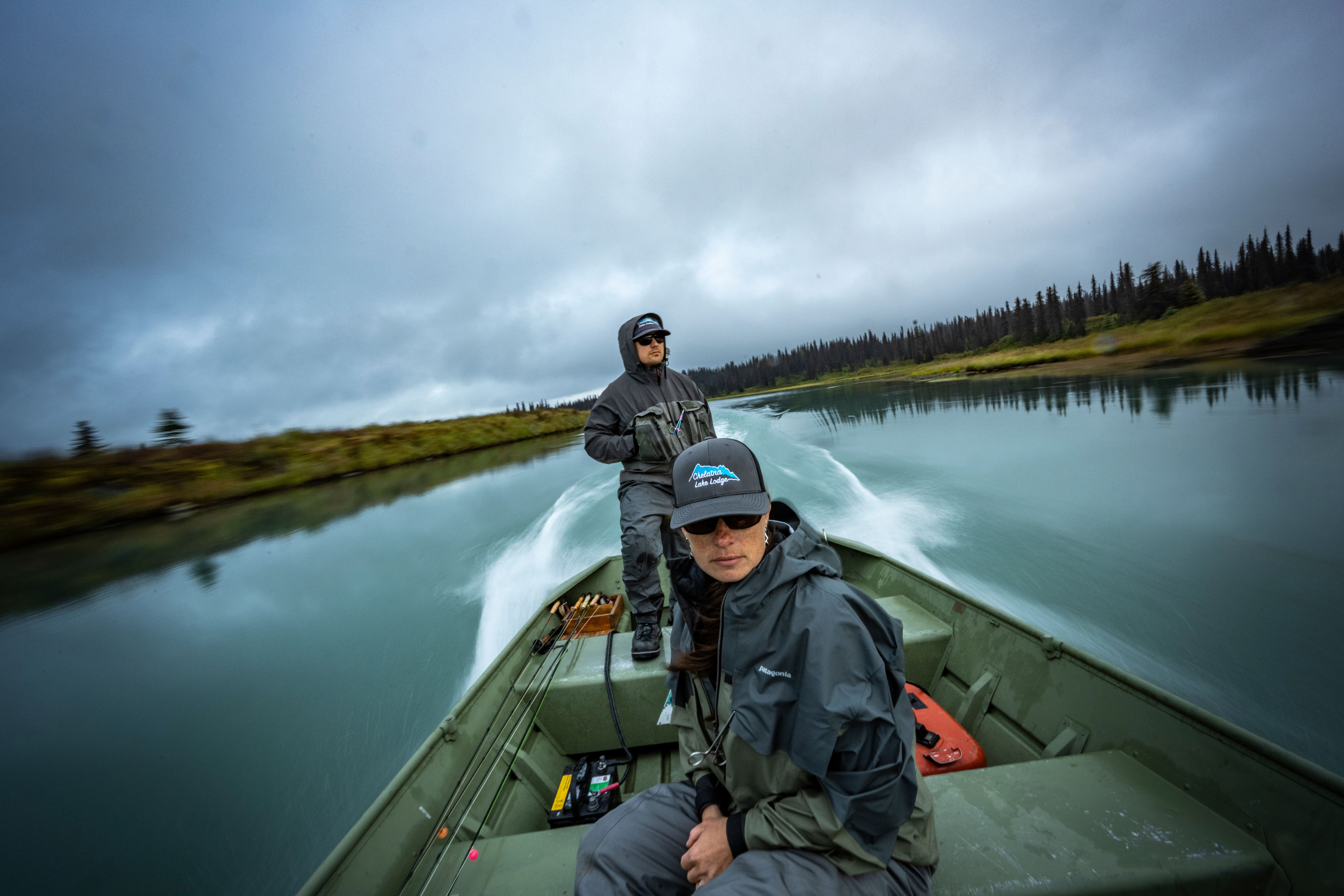 Jet boat fishing on a river in Alaska.
