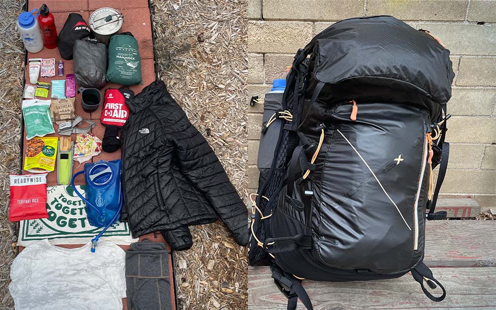 A diptych. On the left, a pile of backpacking gear. On the right, a black backpack containing all of the gear on the left.