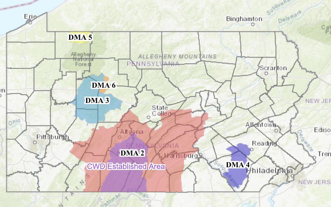 Officials are trying to contain CWD in Pennsylvania with Disease Management Areas.