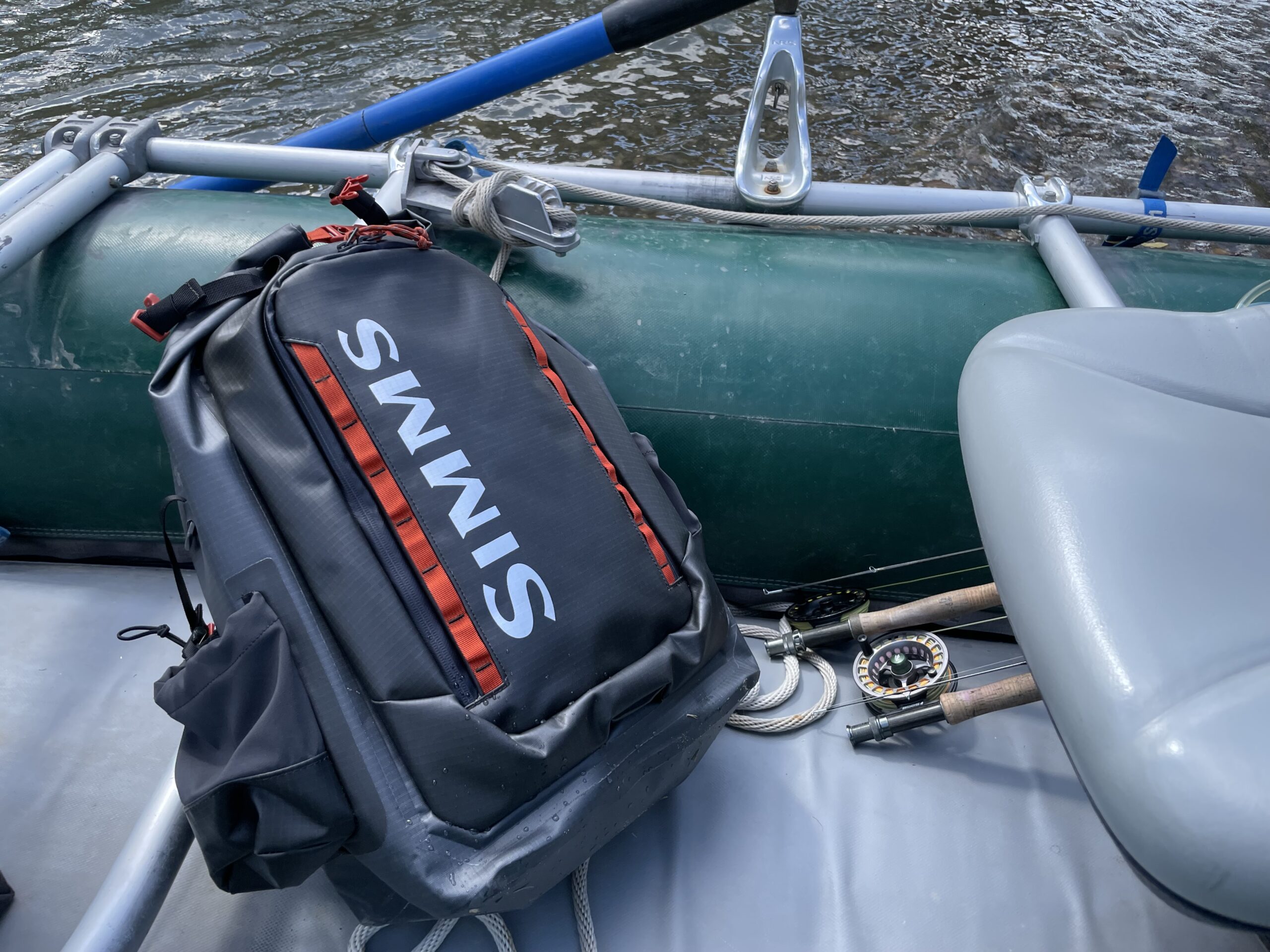 Simms G3 Guide Backpack in a drift boat