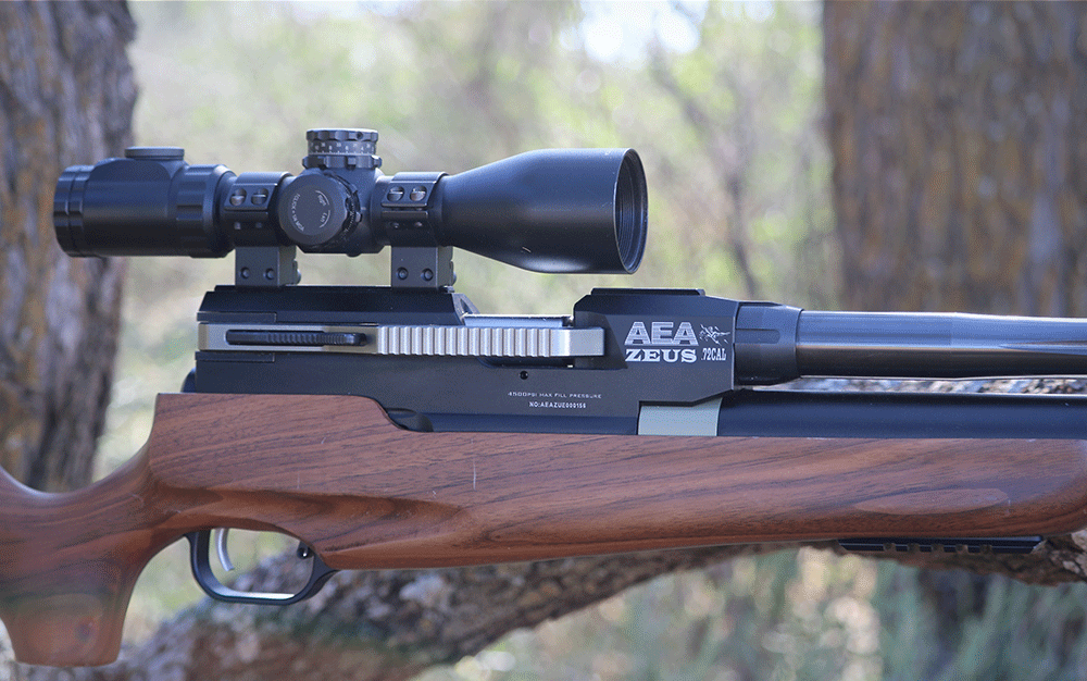 A closeup of the AEA Zeus airgun's scope