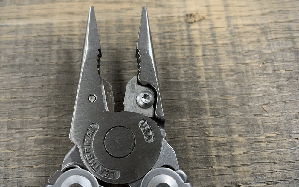 A closeup of a multi tool's pliers