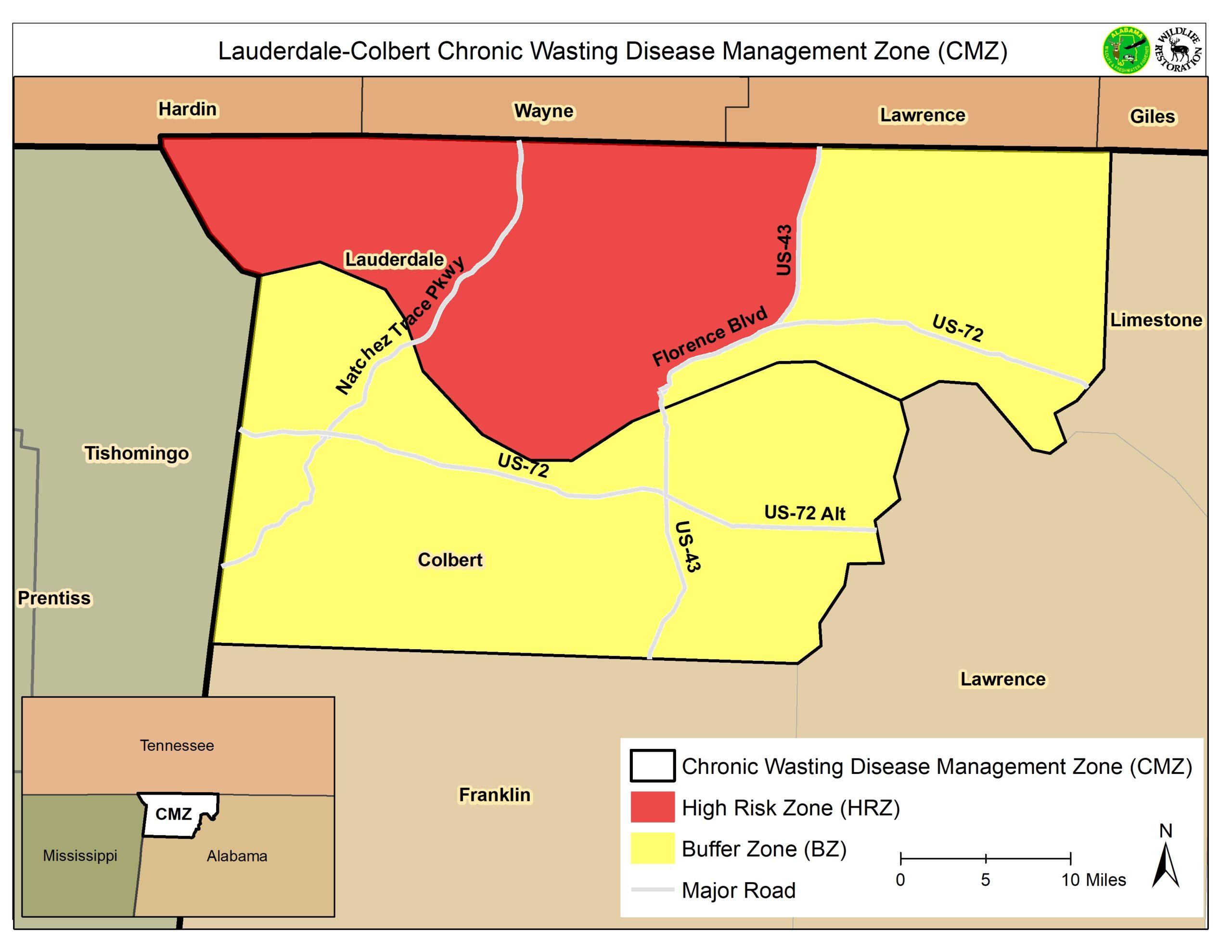 Map of Lauderdale_Colbert CWD Management Zone in Alabama