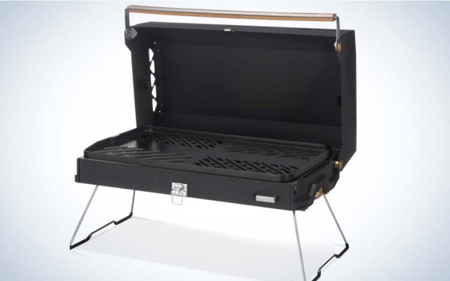 A black portable camping grill