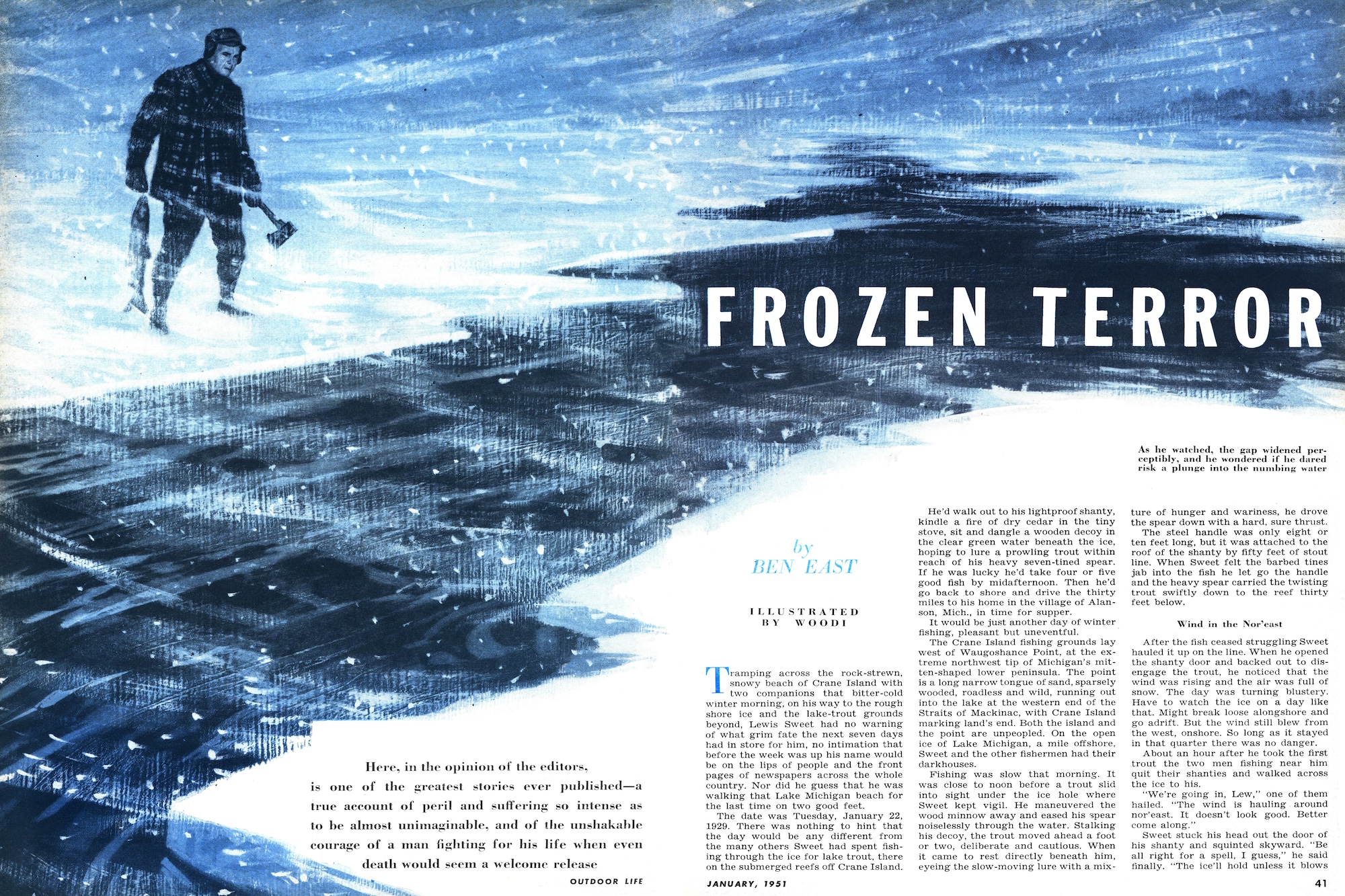 An ice fisherman watches the ice break off in the January 1951 Outdoor Life story, Frozen Terror.