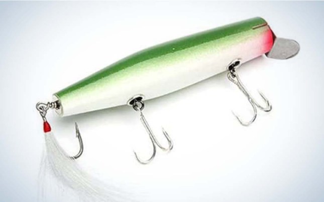 A green and white bess striped bass lure