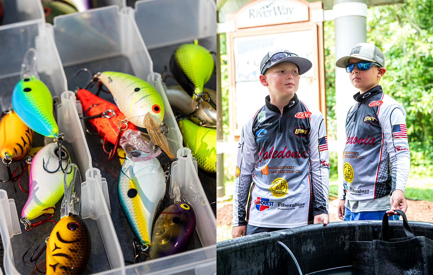 Crankbaits in a box and two kids wait with their fish for weigh-in