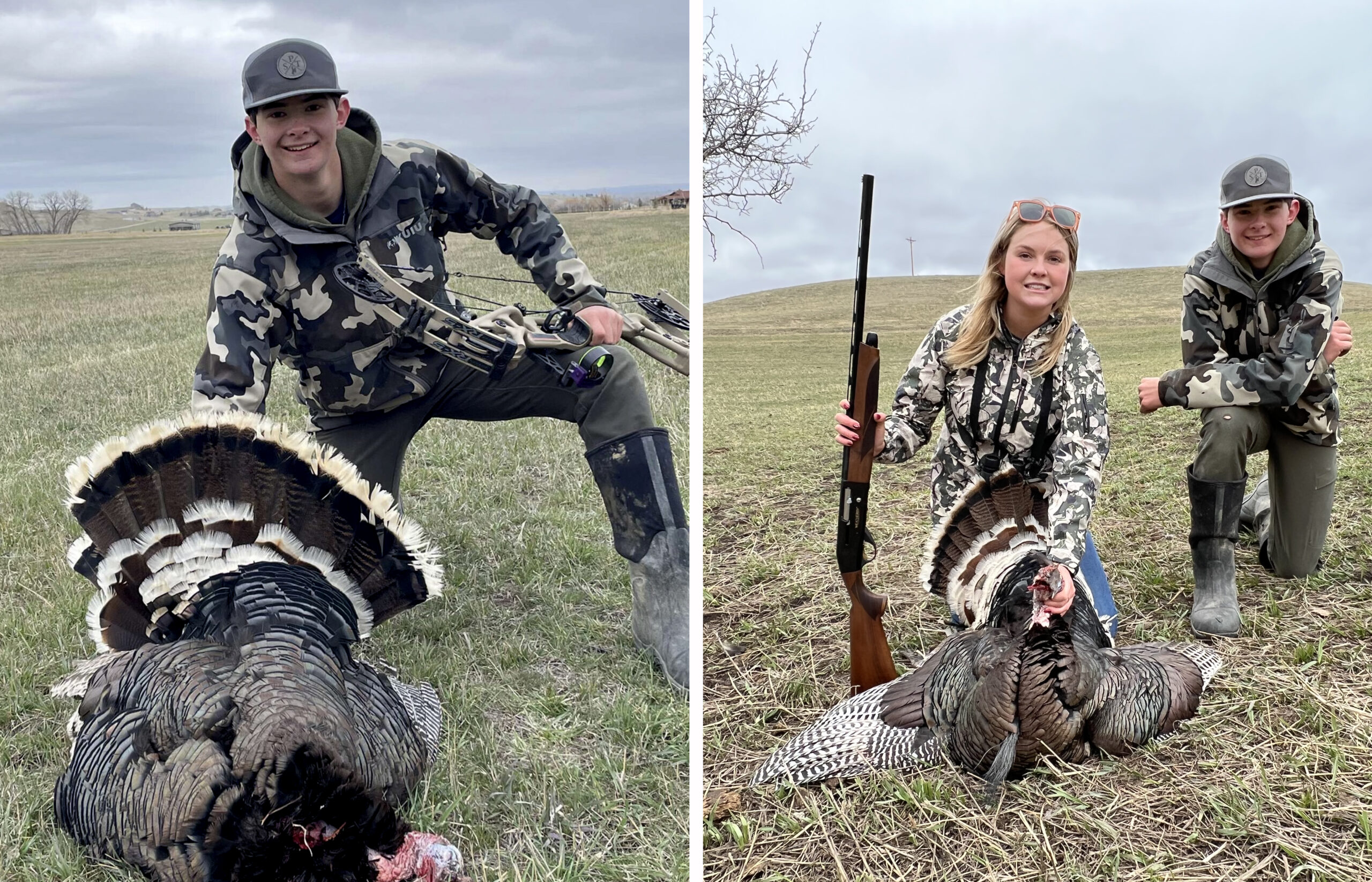 Wyoming hunting buddies with their Merriams turkeys.