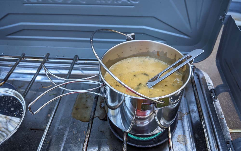 The Snow Peak Kettle No. 1 was easy to use when heating up hot soup on a cold day.