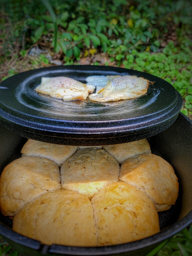 Camp Chef Dutch Oven with Biscuits and Fried Eggs