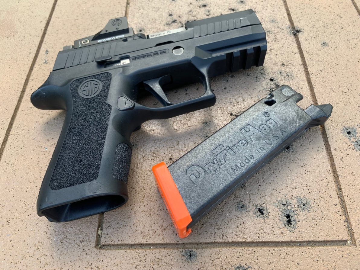 This dry fire training device works is a magazine that allows you to make repeated trigger pulls without moving the slide