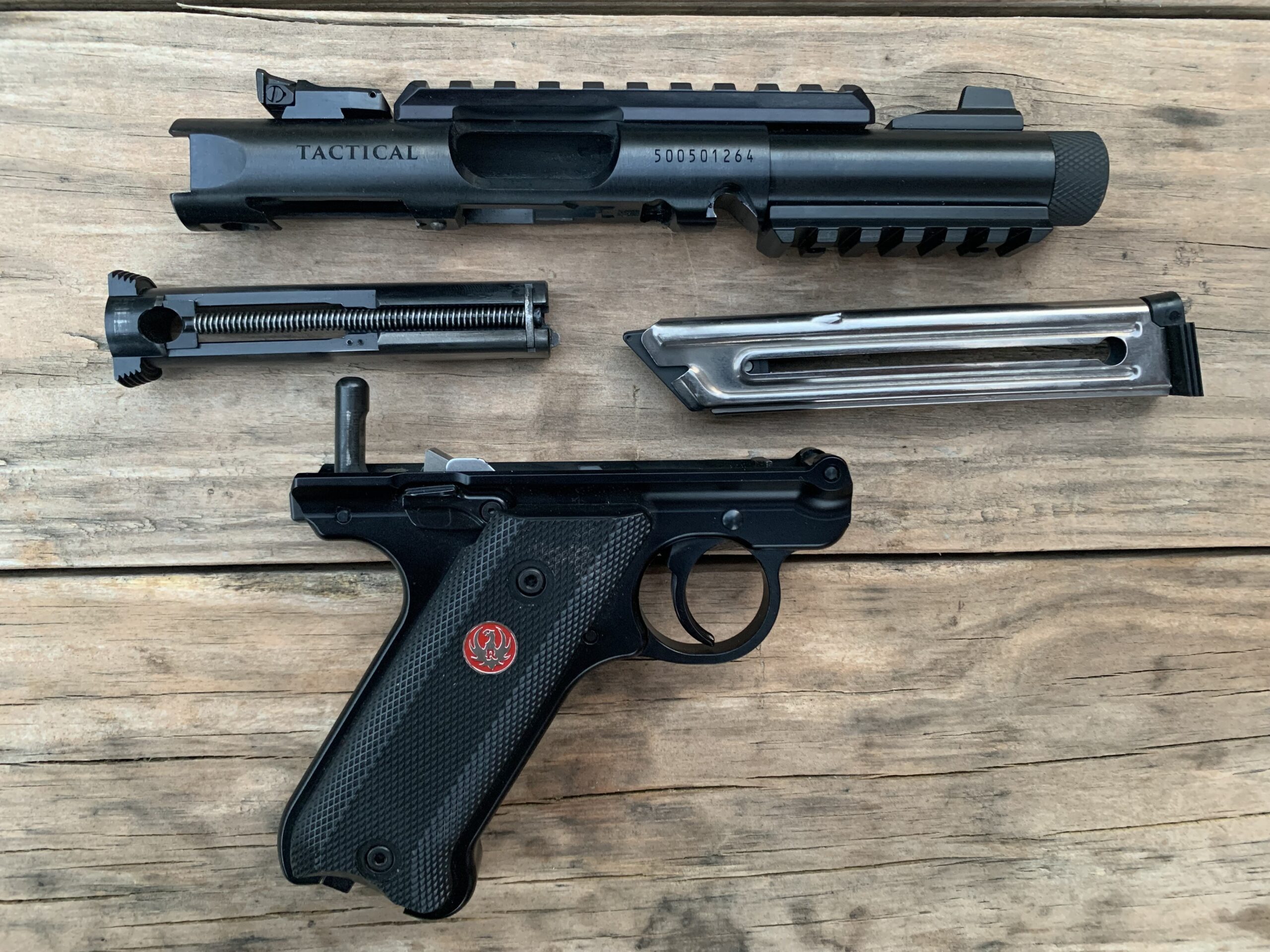 A field-stripped Ruger Mark IV Tactical