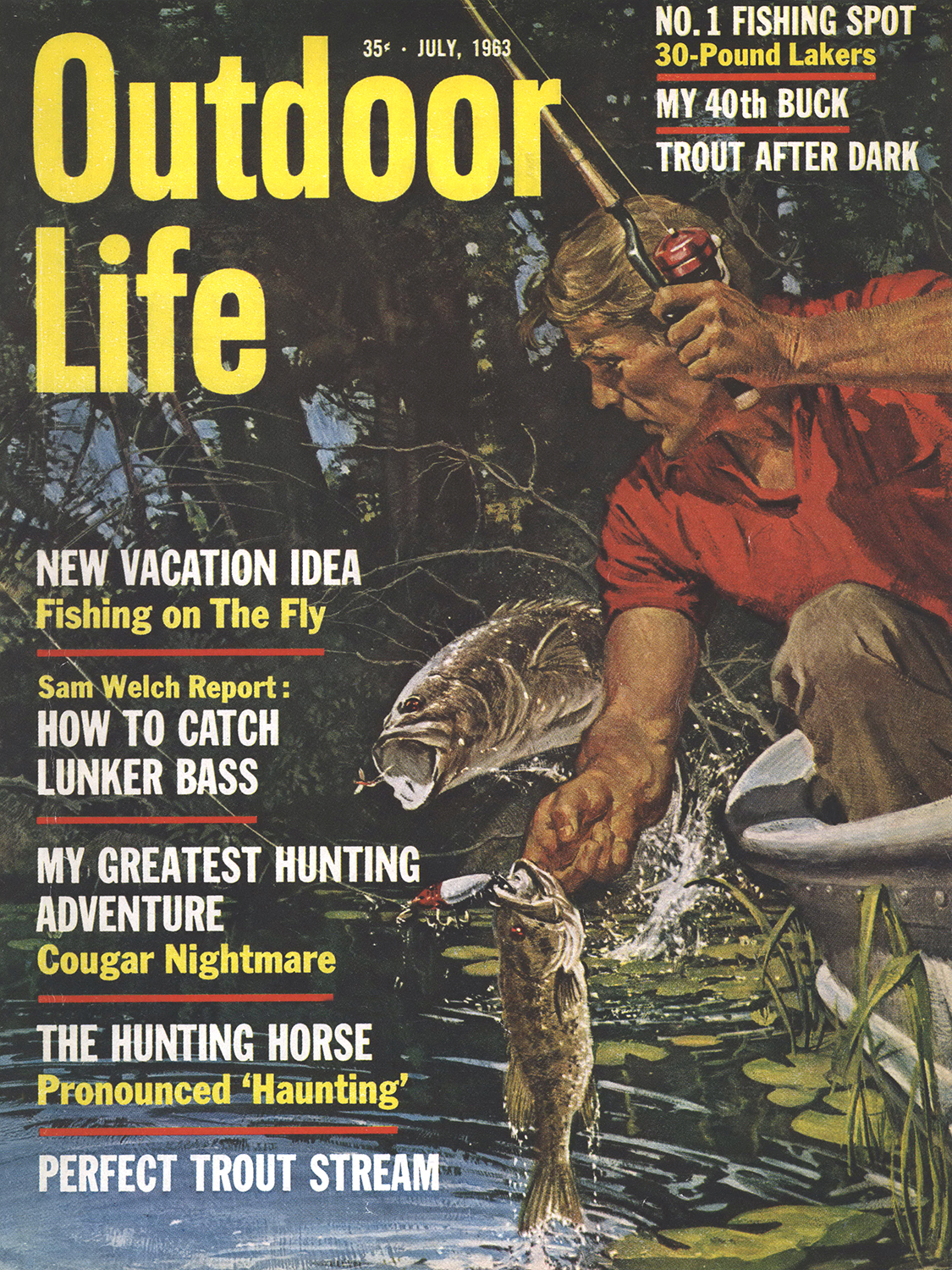 July 1963 cover of Outdoor Life shows man fishing for bass.