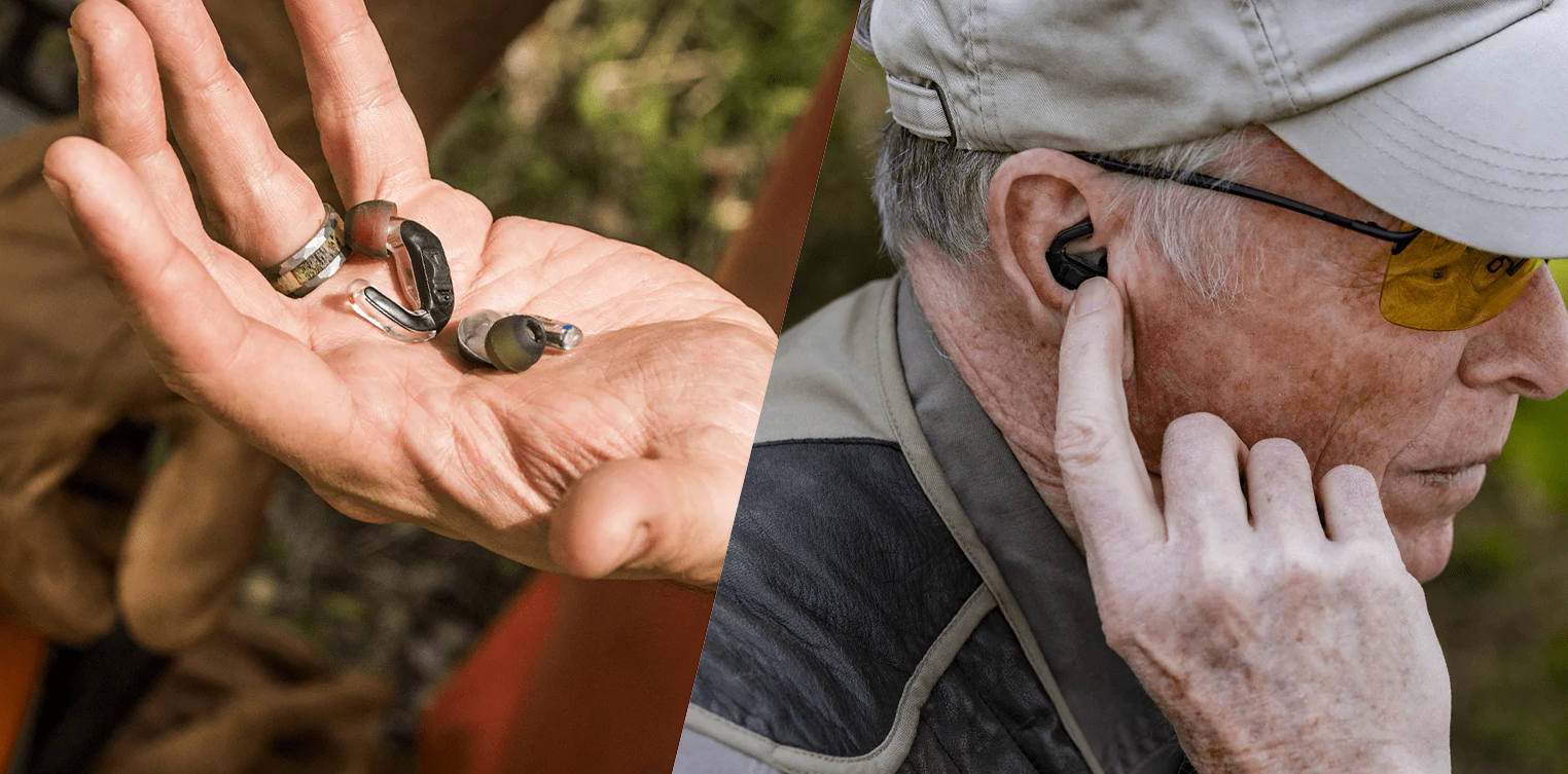 diptych of hearing aid in hand and hunter touching ear with device in