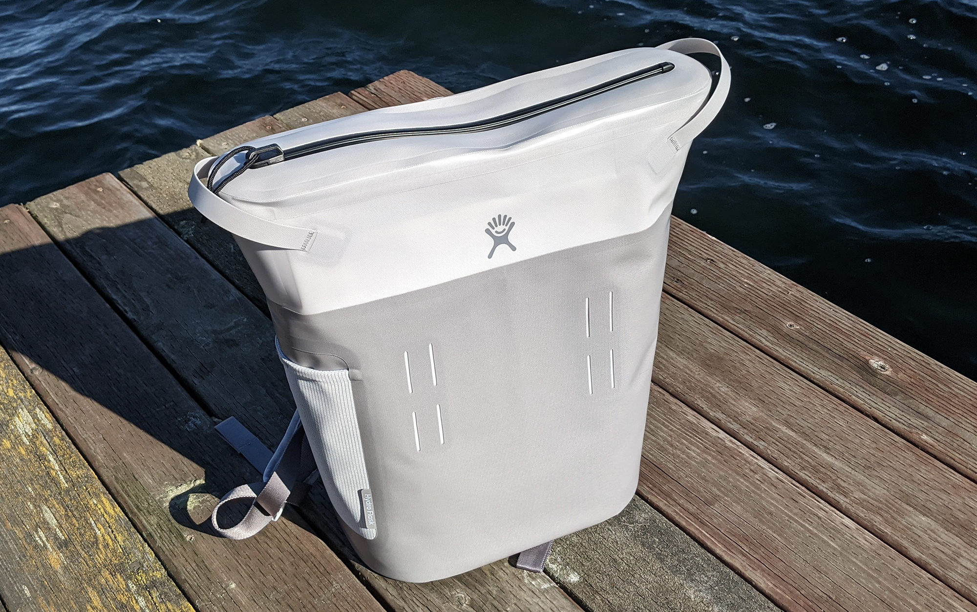 HydroFlask Backpack cooler sitting on a dock shot from above