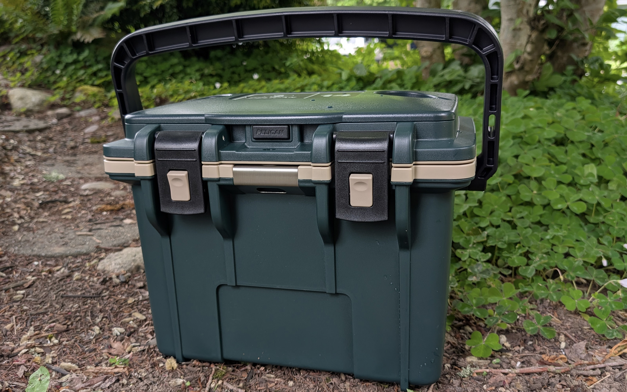 Pelican cooler sitting on a trail