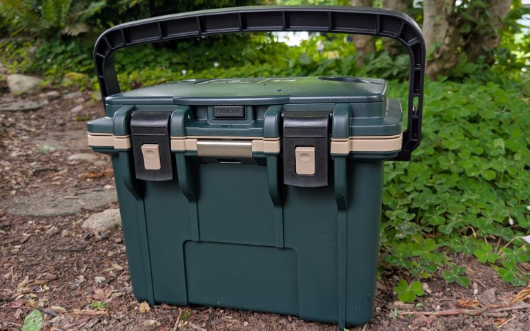 Pelican cooler sitting on a trail