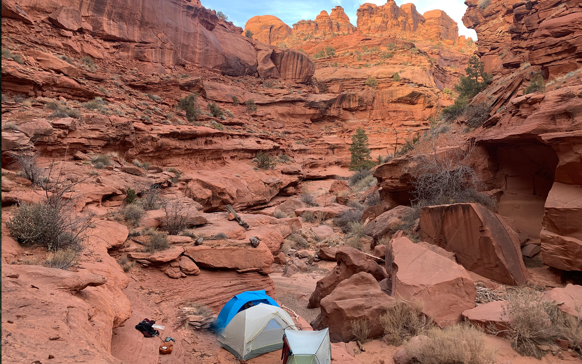 Pitching your tent on a rock shelf can help protect from flash floods in the canyons of the southwest.