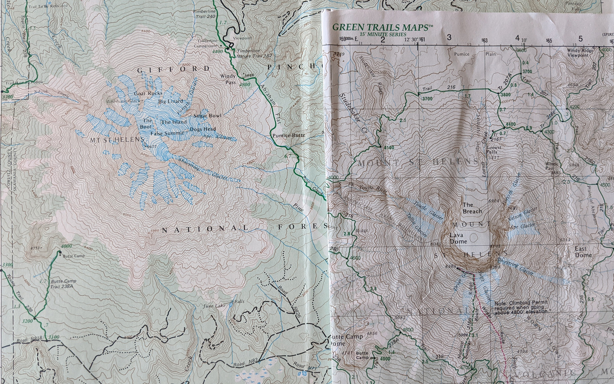 A lot changed on the Green Trails maps of Mount St. Helens between 1978 and 2001.