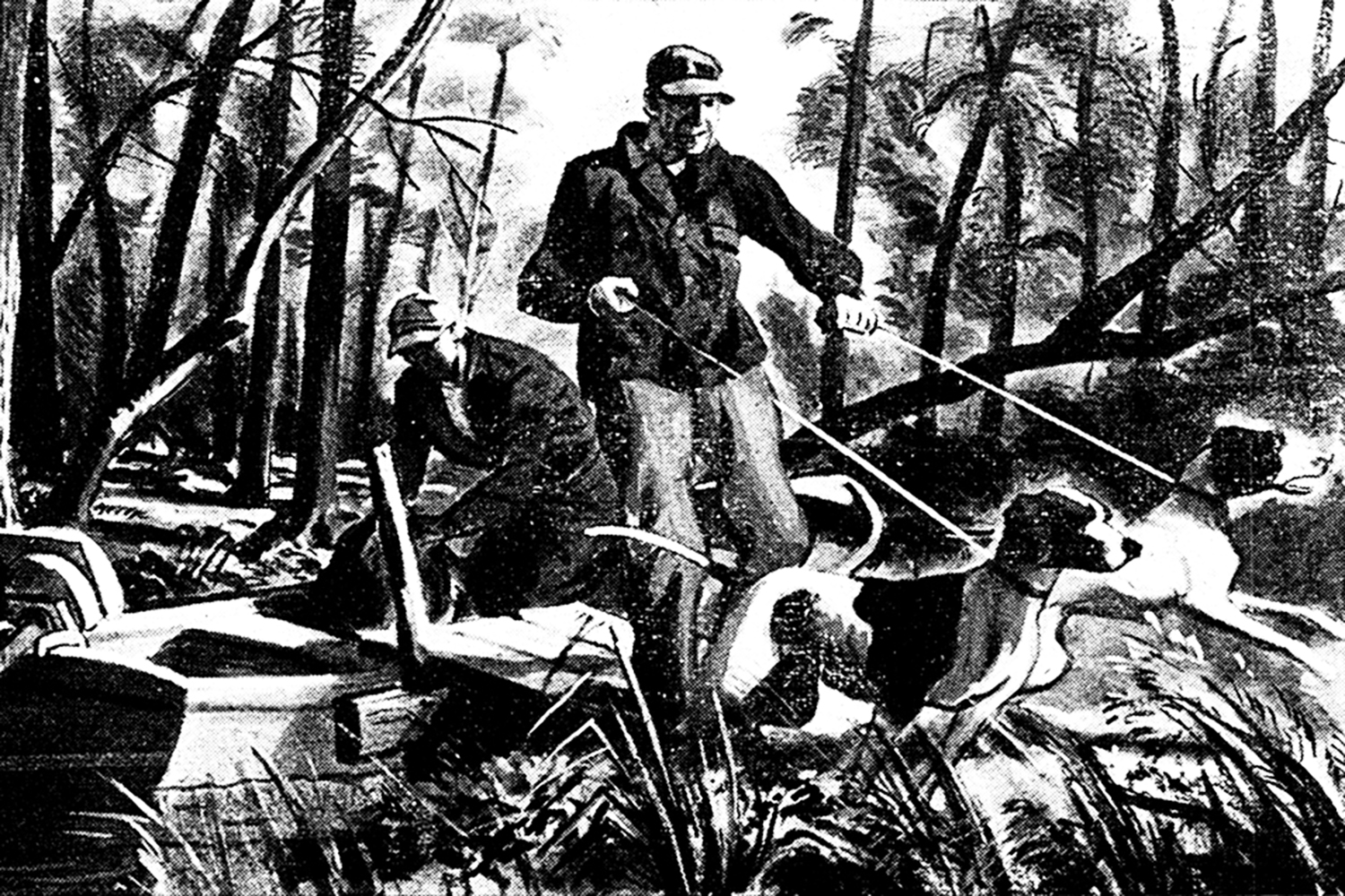 old illustration of hunters with dogs in swamp