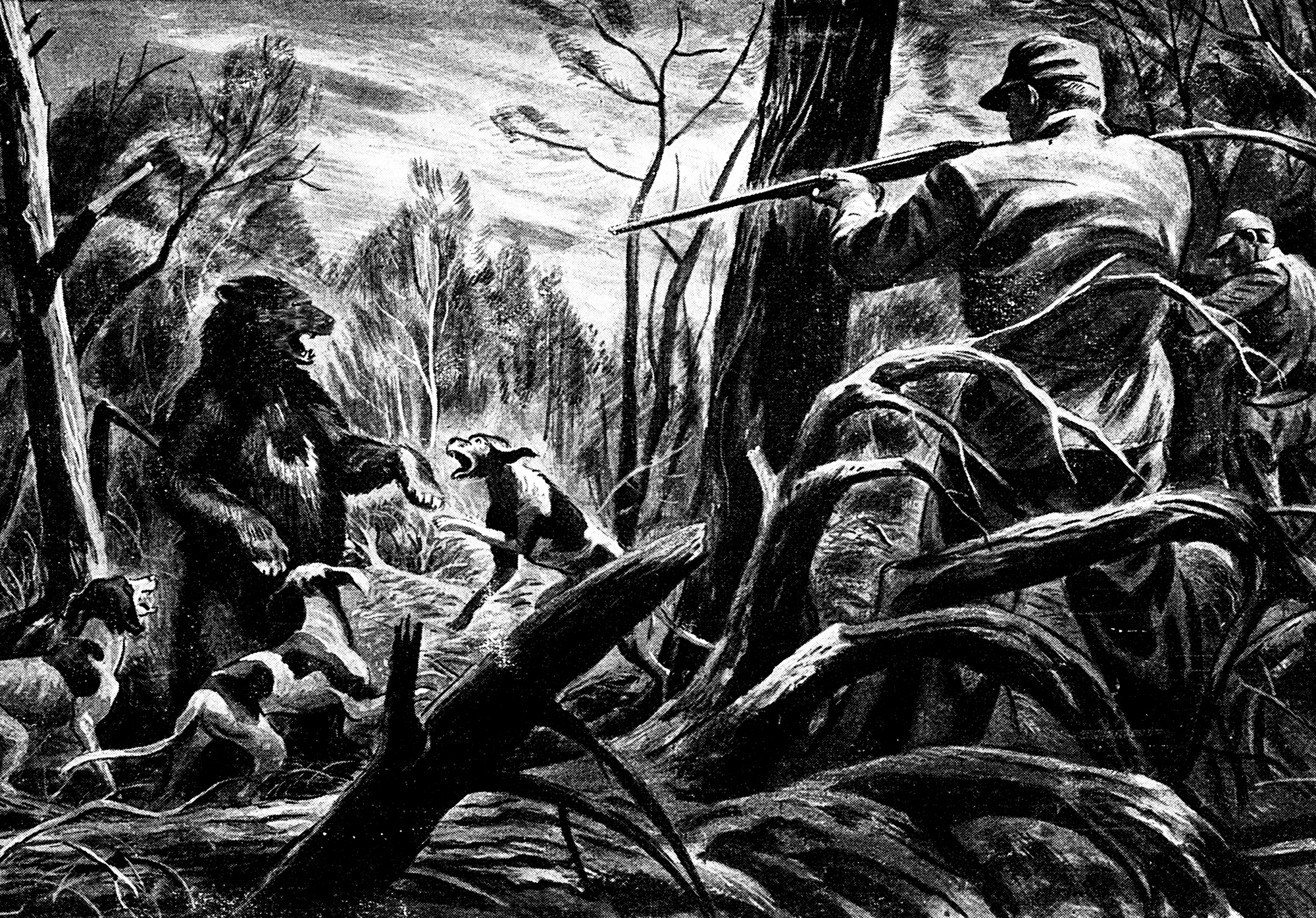 old magazine illustration of hunters shooting bear