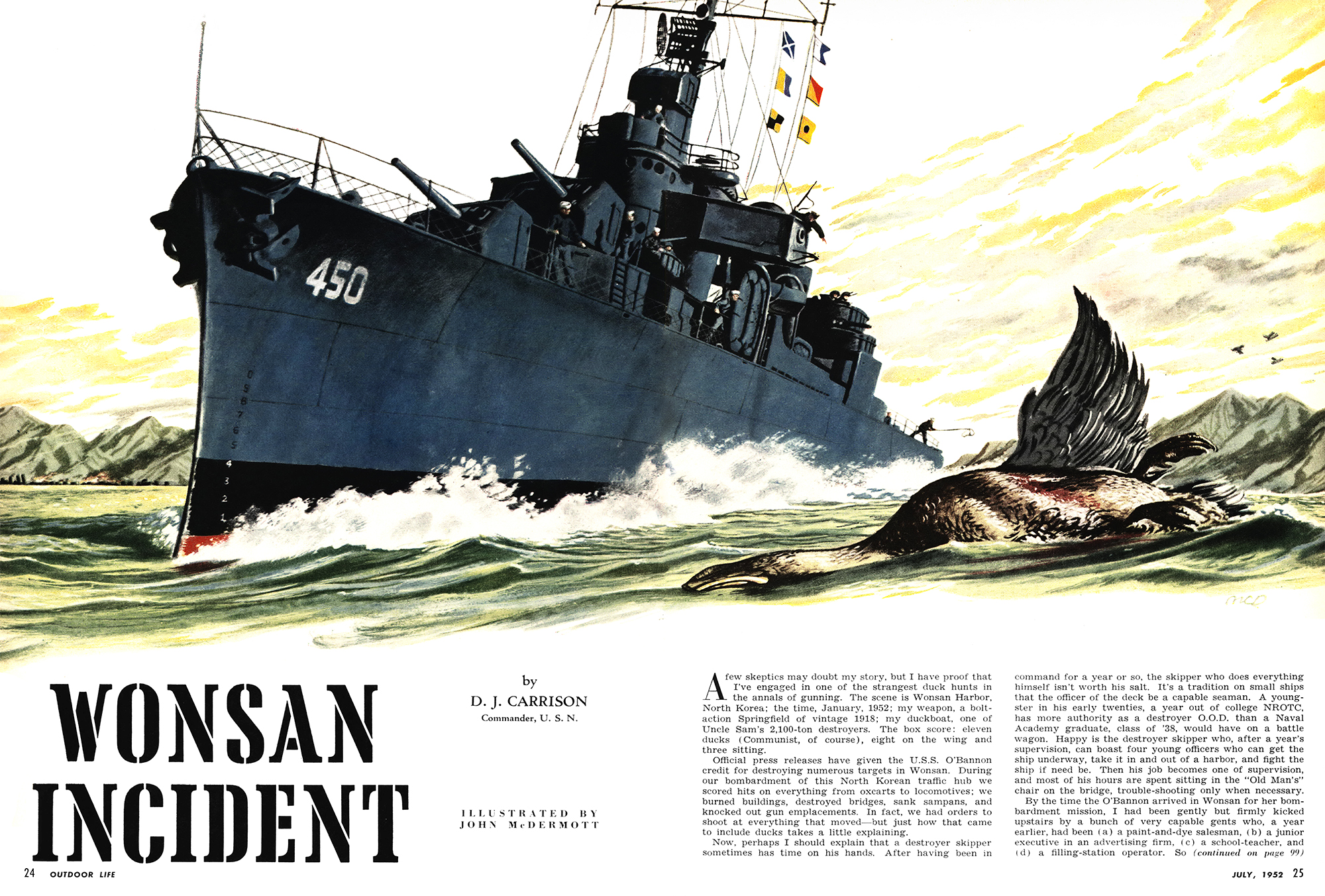 A magazine spread featuring an illustration of a duck and a US naval destroyer.