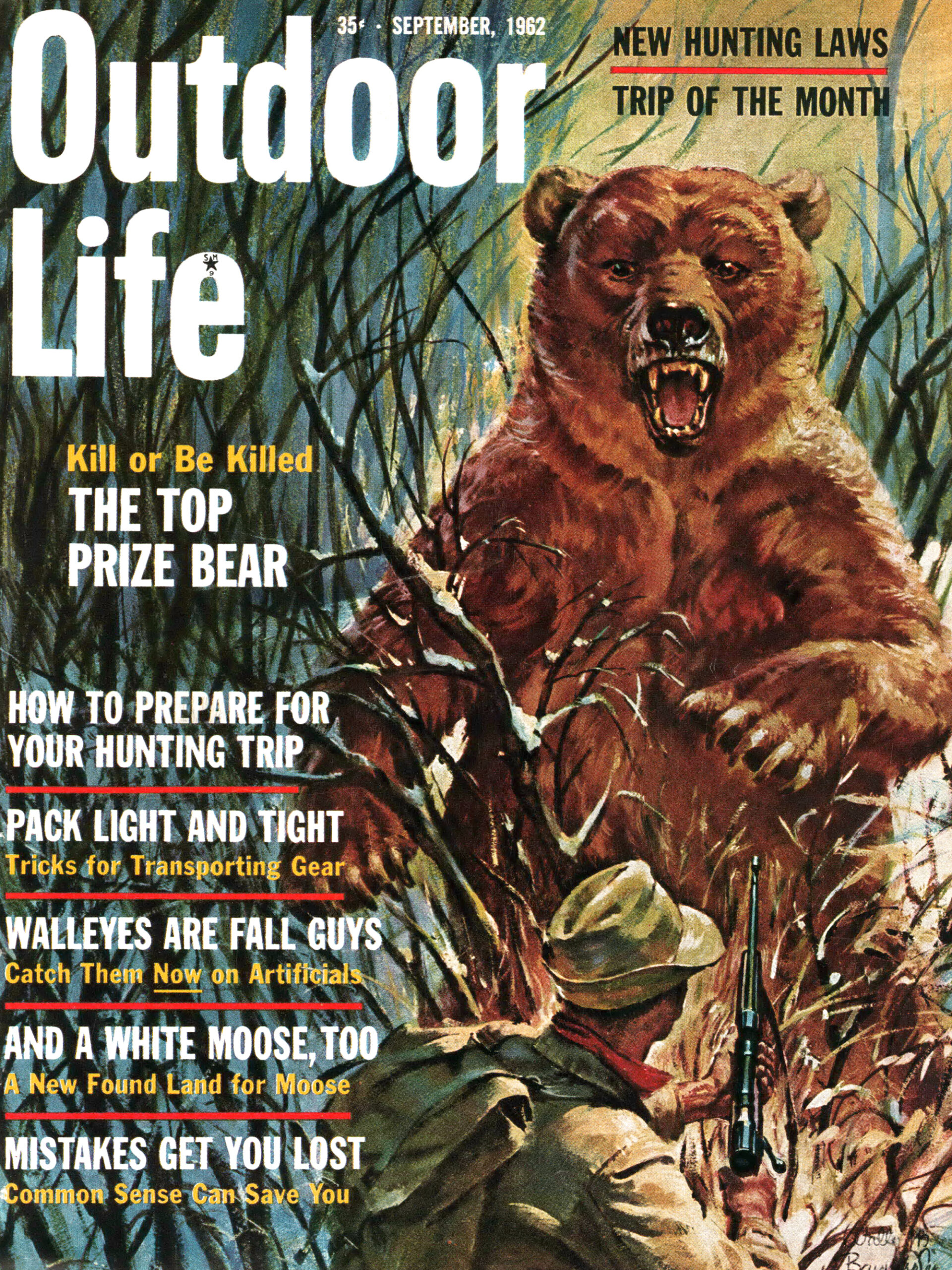 The Sept. 1964 cover of Outdoor Life magazine, featuring a hunter and a brown bear.