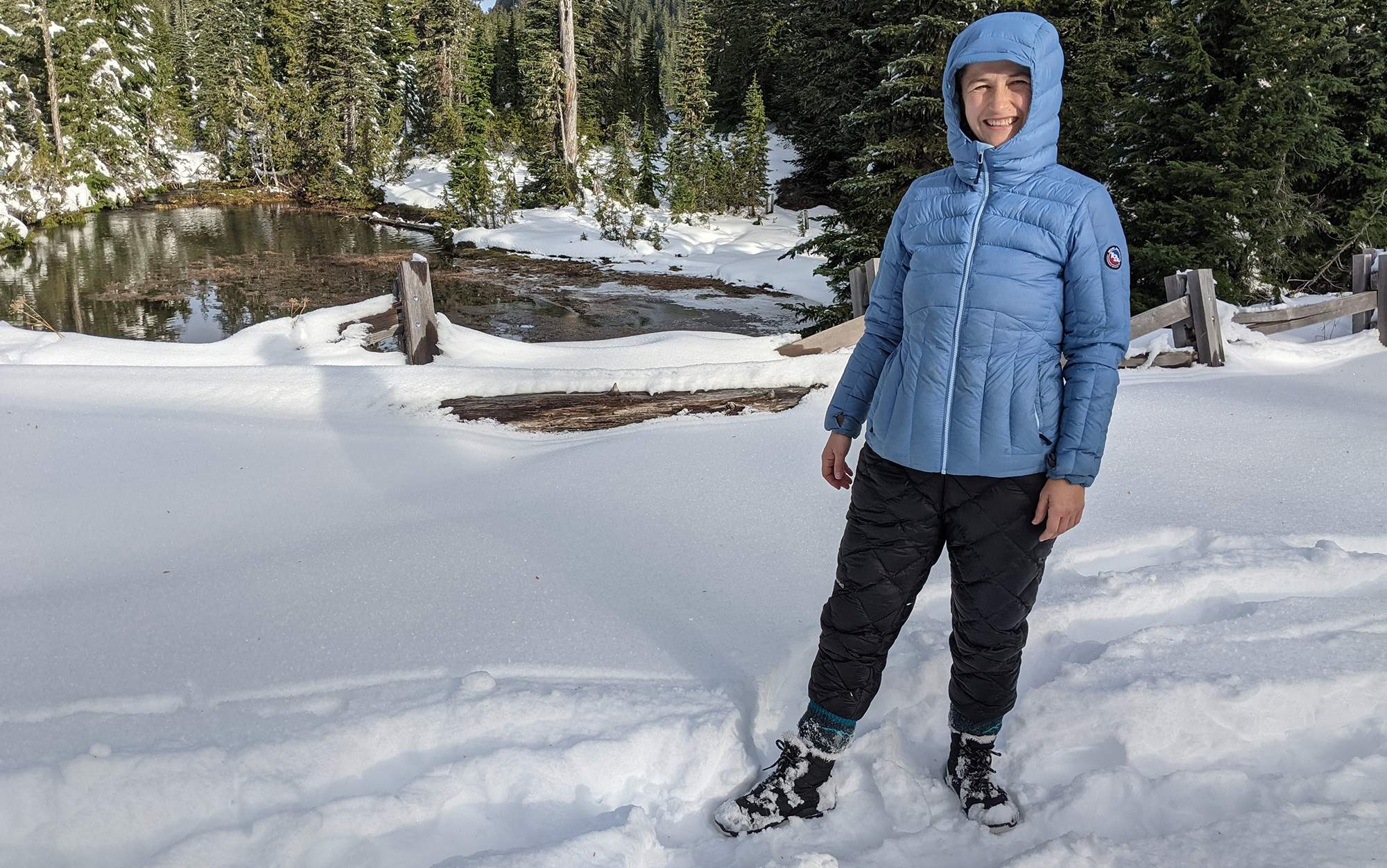 I appreciated how light these puffer pants were for backpacking, but they weren’t quite warm enough to hang around camp on this particular winter adventure.