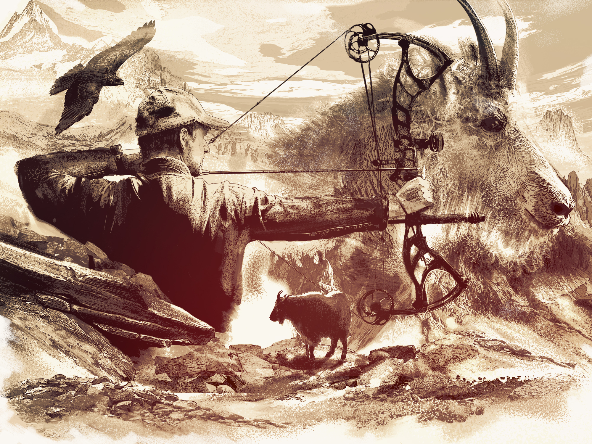 montage of bowhunter, goats, mountains, birds