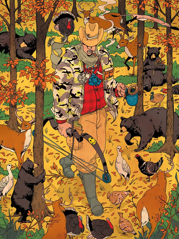 an illustration of a bowhunter with a smiley face on a bow