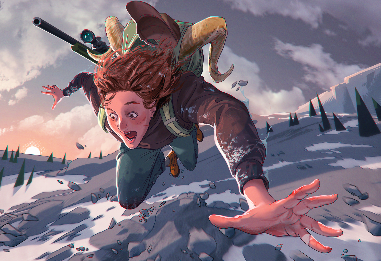 an illustration of a sheep hunter falling down a slope