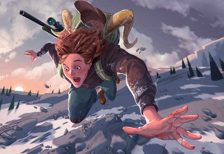 an illustration of a sheep hunter falling down a slope