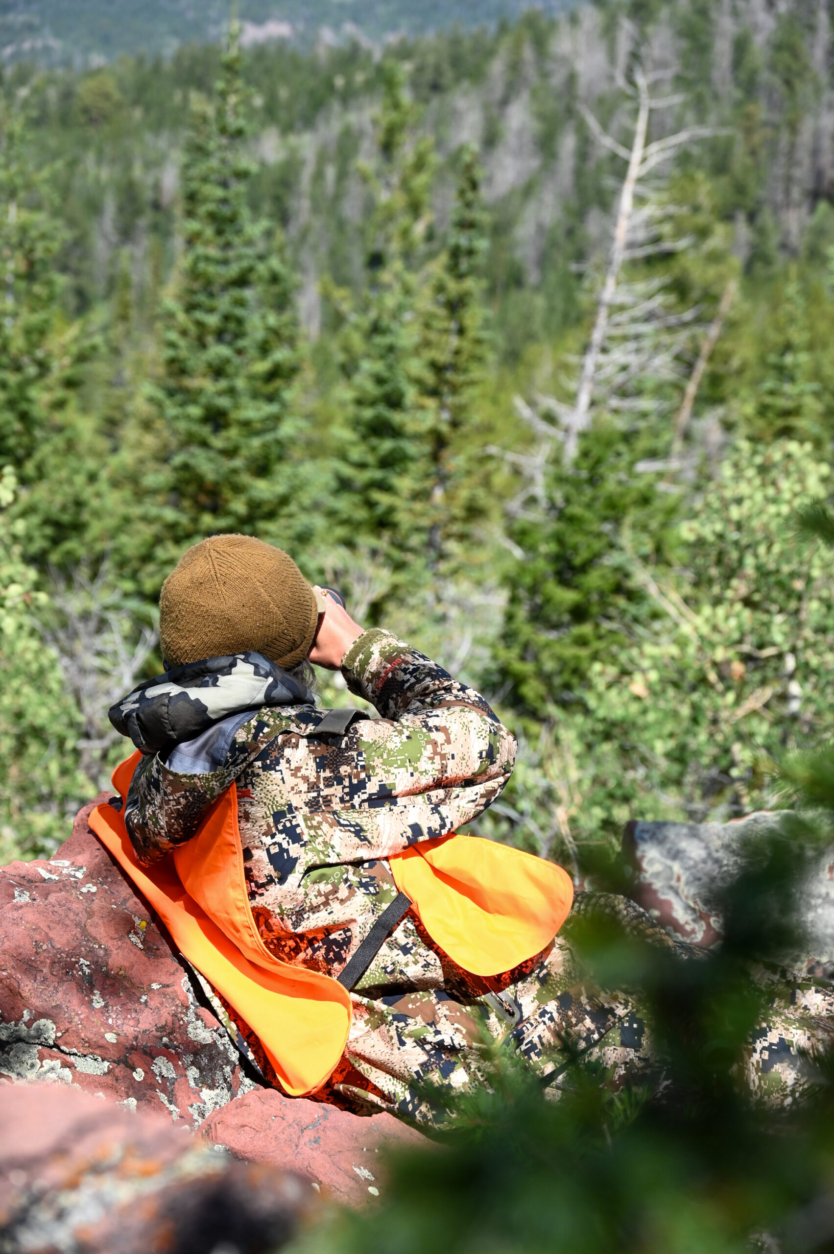 A hunter resting in boulder fields glasses the timber below.