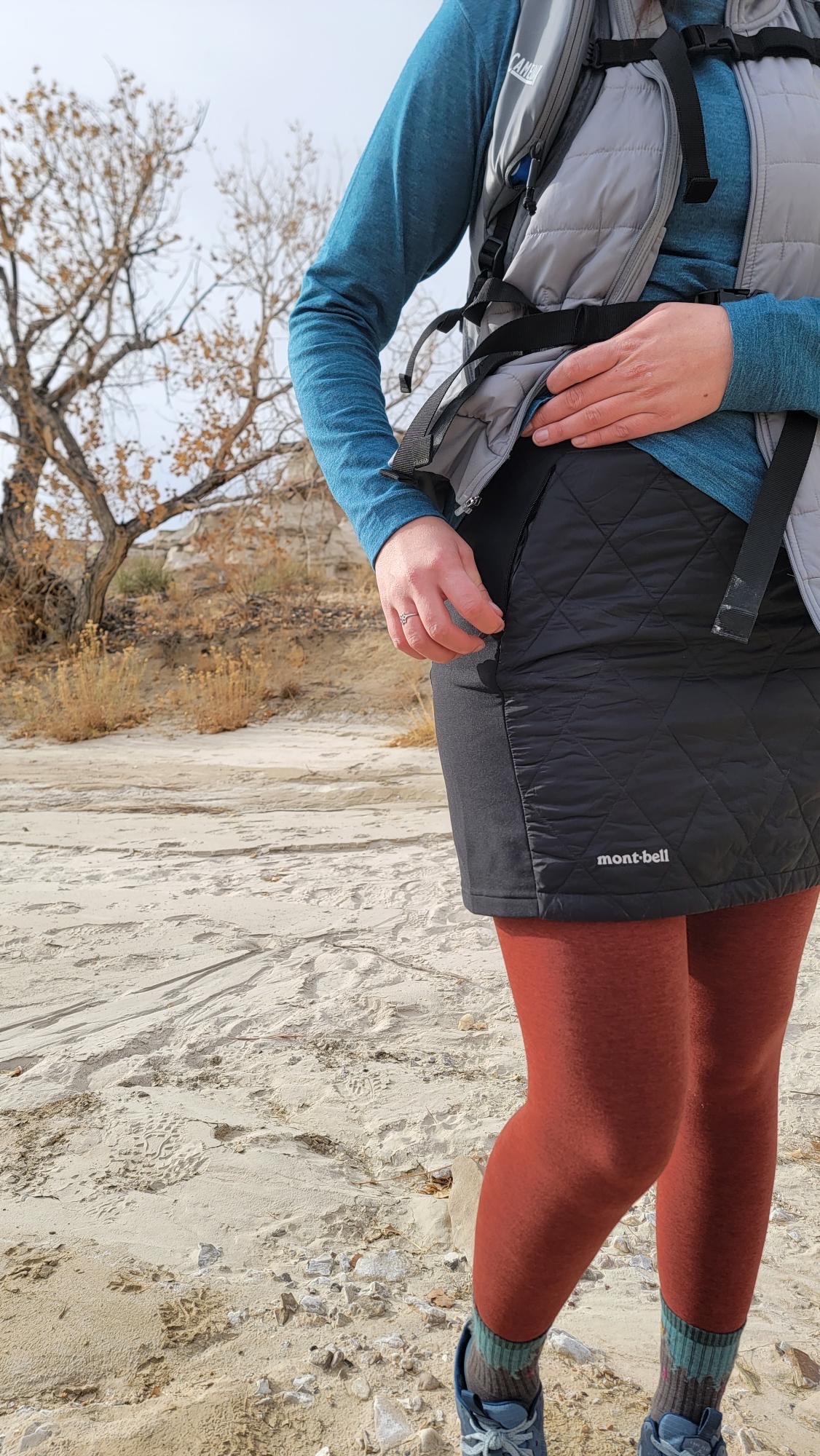 Place essentials in the Montbell Superior Down Trail Skirt.