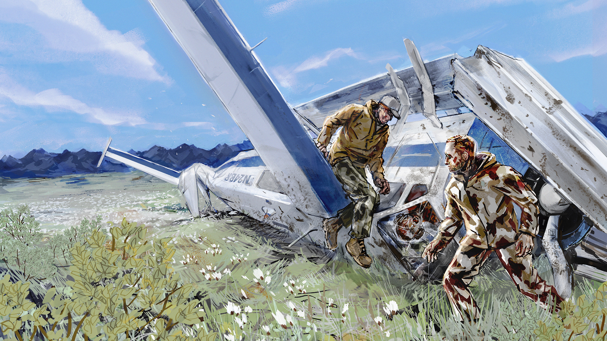illustration of two men moving around outside of crashed plane