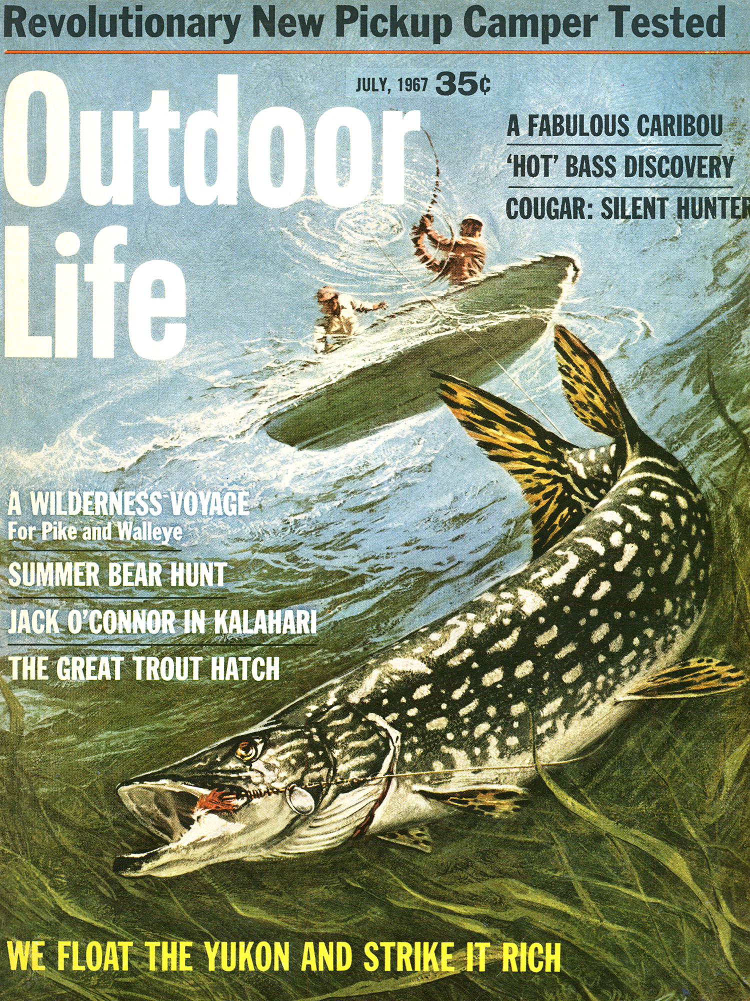 Outdoor Life July 1967 cover of pike underwater with anglers above