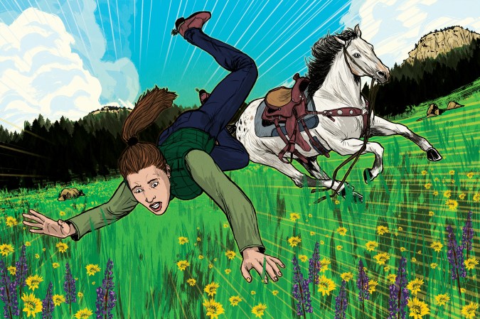 A young woman flies off a horse in a meadow.