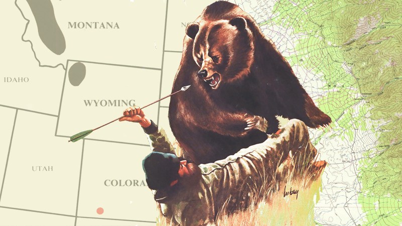 An illustration of the last grizzly bear in Colorado attacking a hunter.