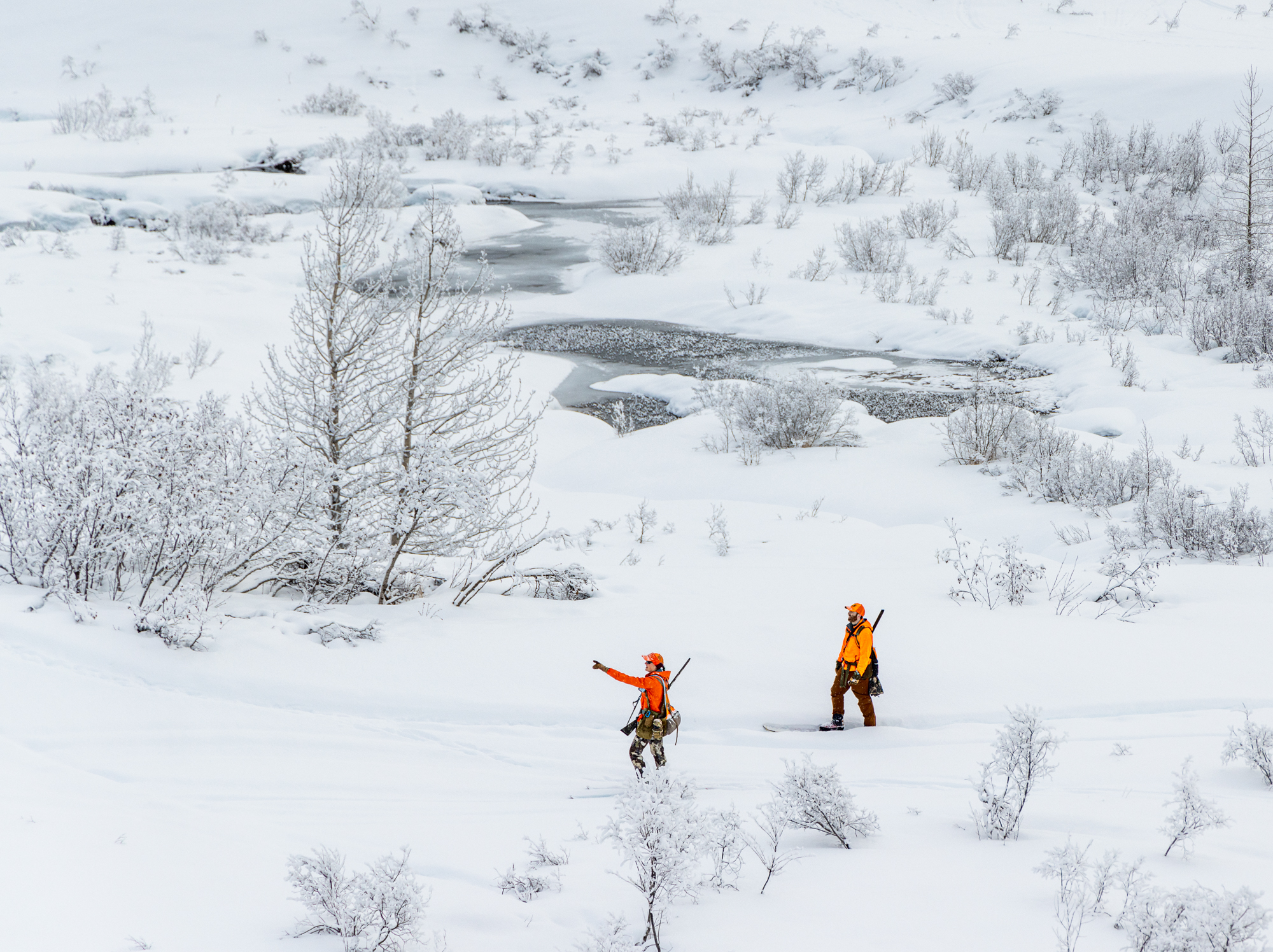 Two ski-hunters in a snowy landscape.