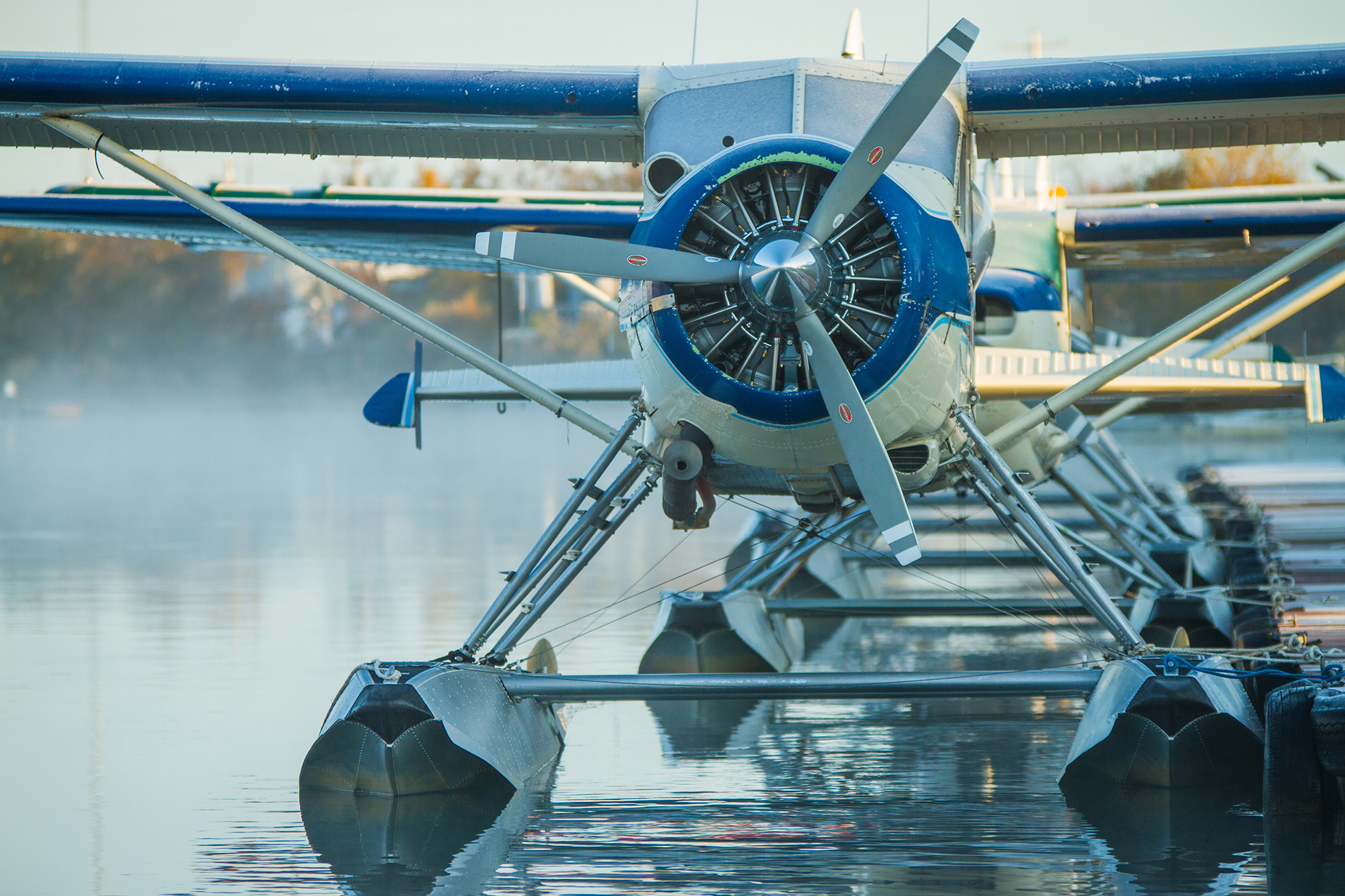 A float plane docked at a fishing lodge in Alaska.
