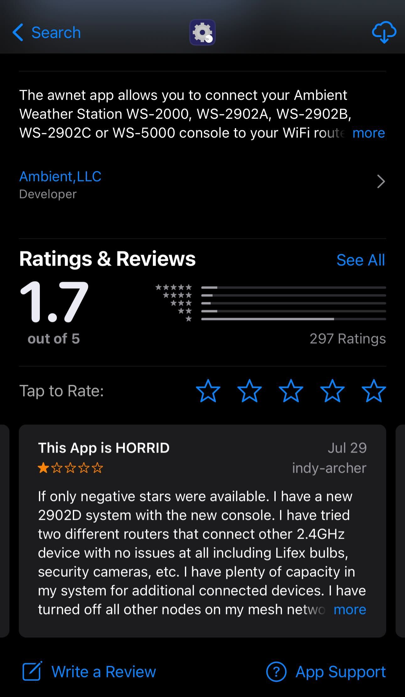 The Ambient Weather app only has 1.7 stars.