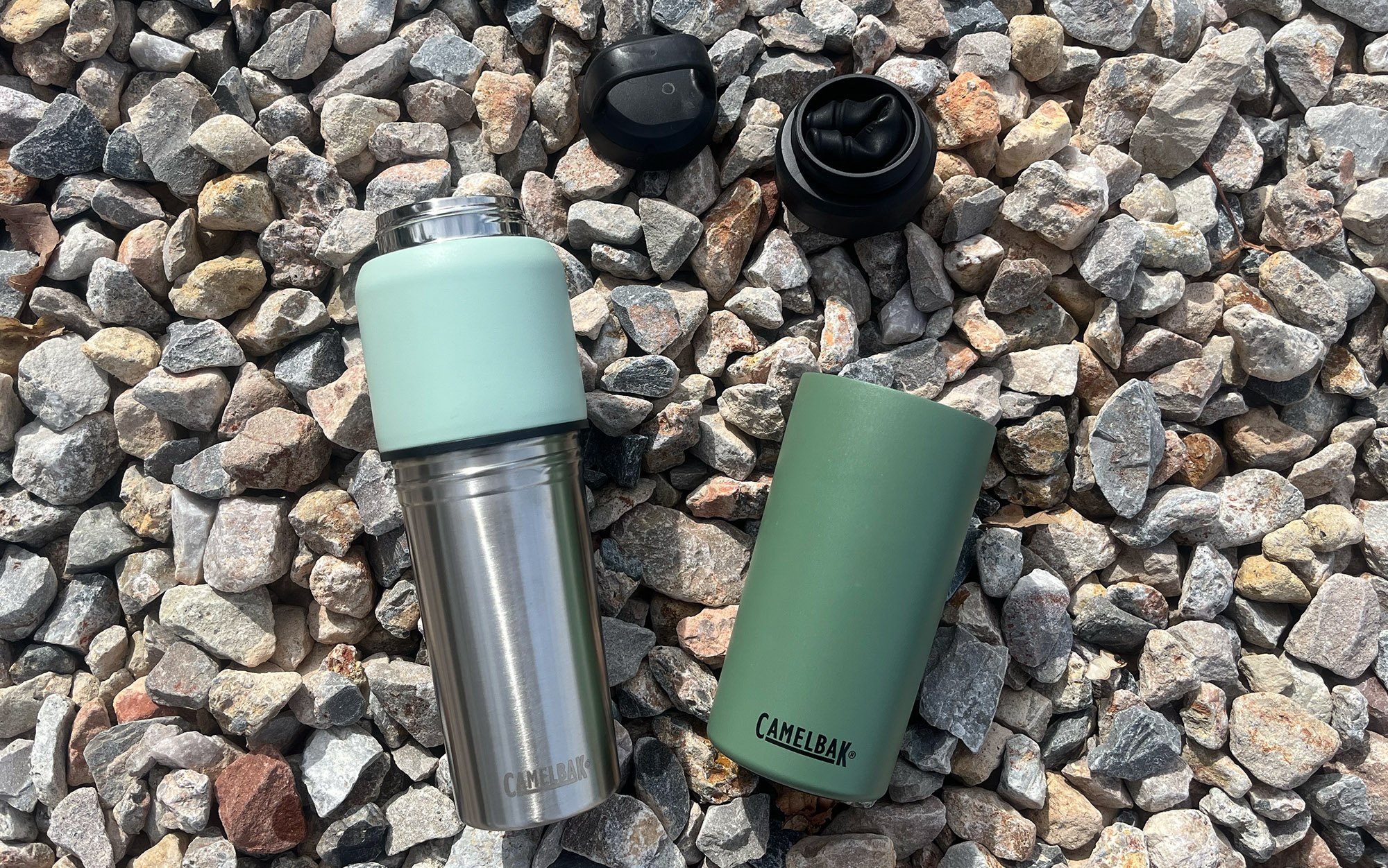 The CamelBak Multibev tumbler unscrews from the bottom and the lid is stored in the cap.