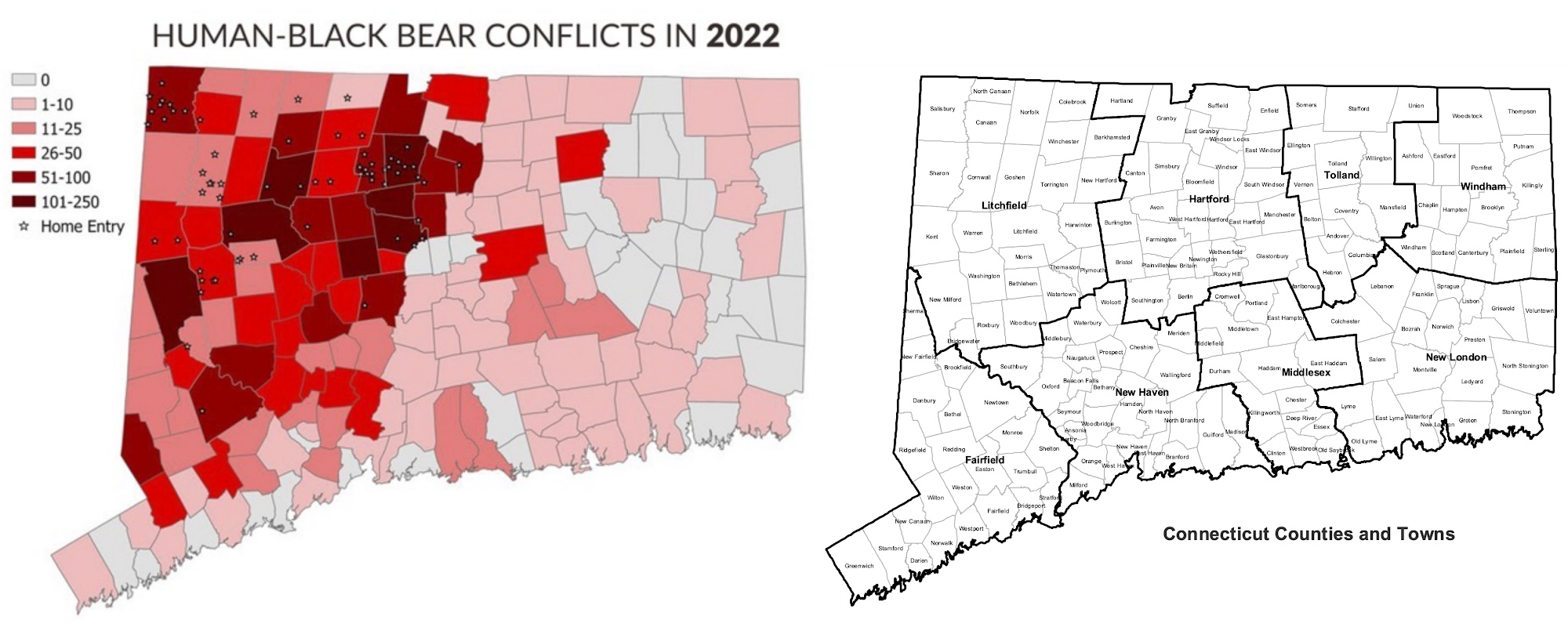 connecticut bear conflicts and county map