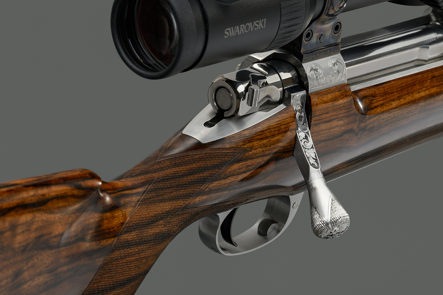 A beautiful wood-stocked Griffin and Howe rifle chambered in .35 Whelen.