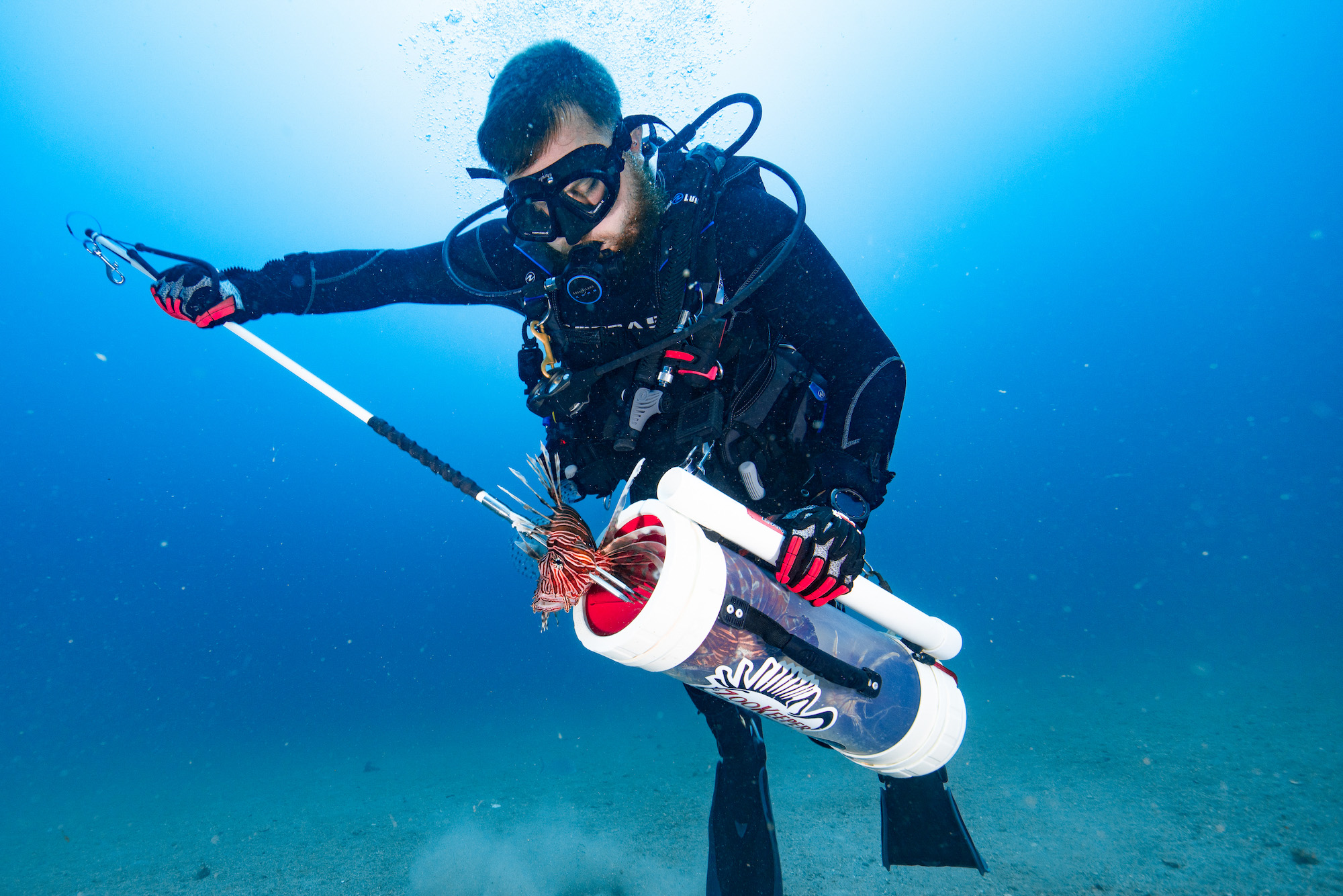 A spearfisherman loads a lionfish into a Zookeeper containment device.