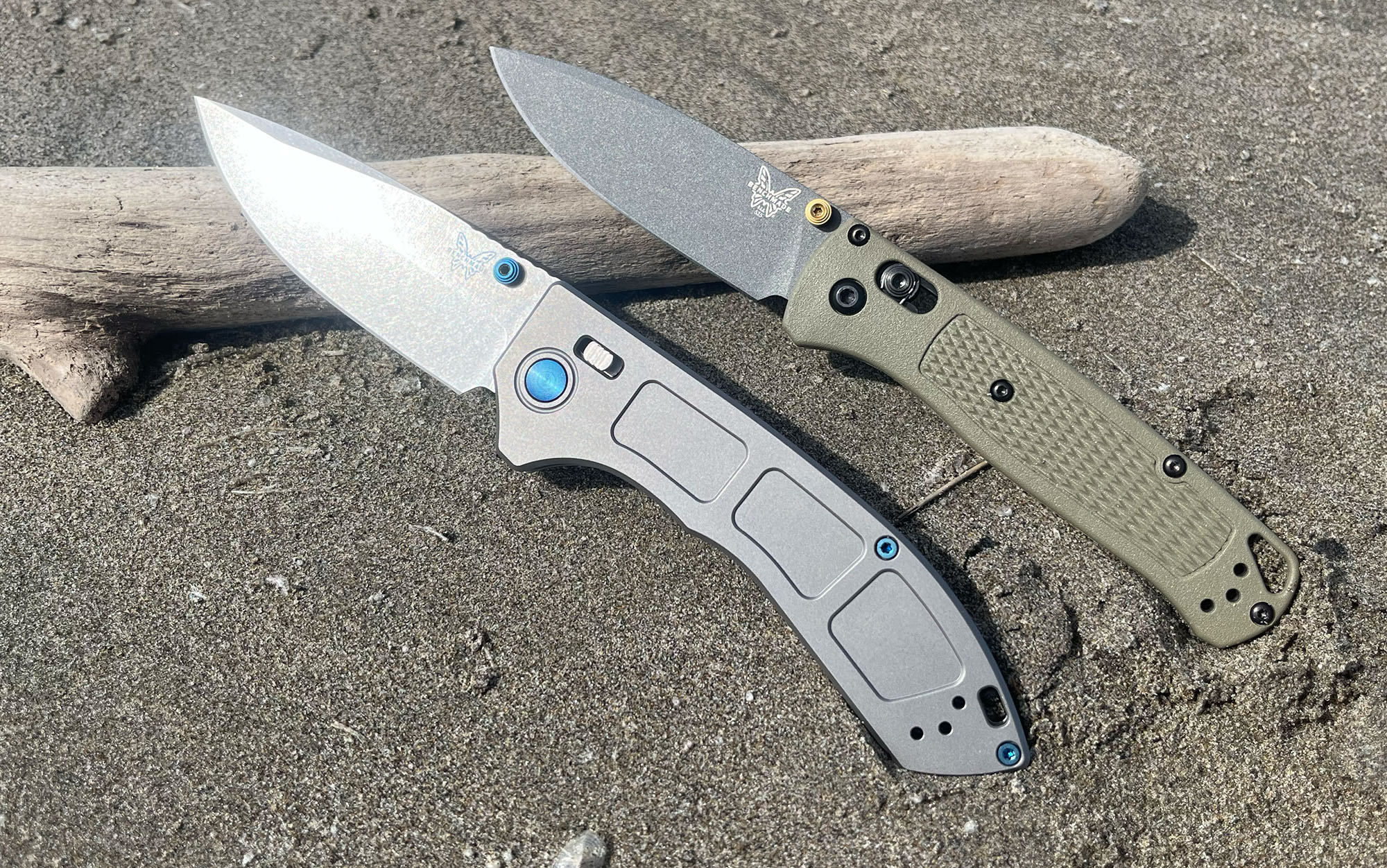 The Benchmade Bugout (right) sits next to the Benchmade Narrows, the slimmest full-size frame Benchmade makes.