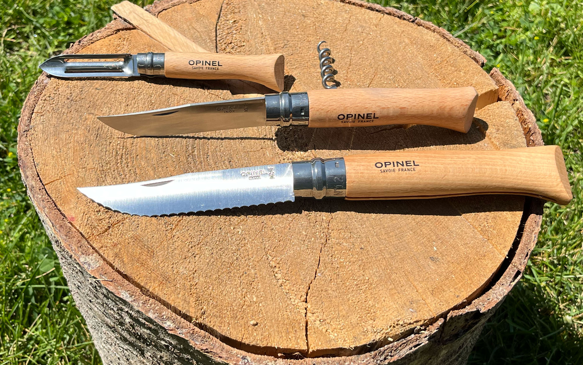 Opinel cooking knives are laid out.