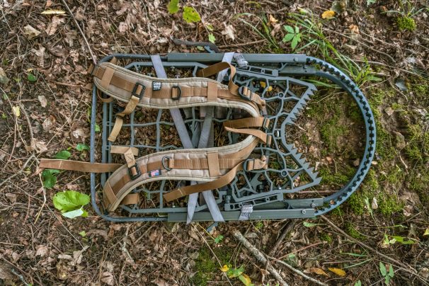 The Lone Wolf Custom Gear Crossover tree stand folds down flat.