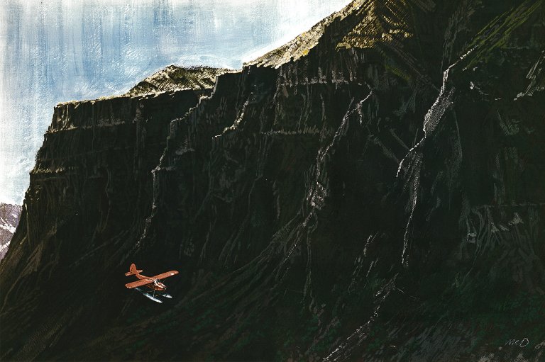An illustration of a little bush plane in front of big mountains