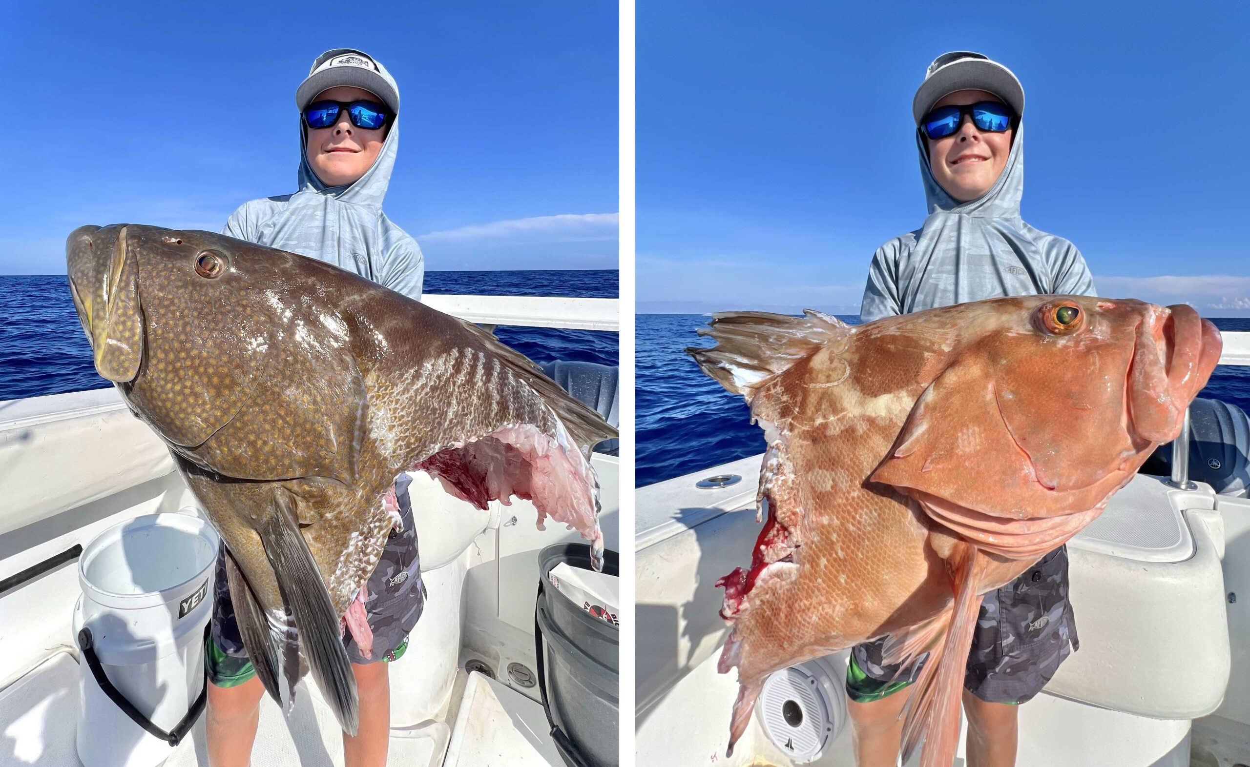 A kid holds up fish eaten by sharks.